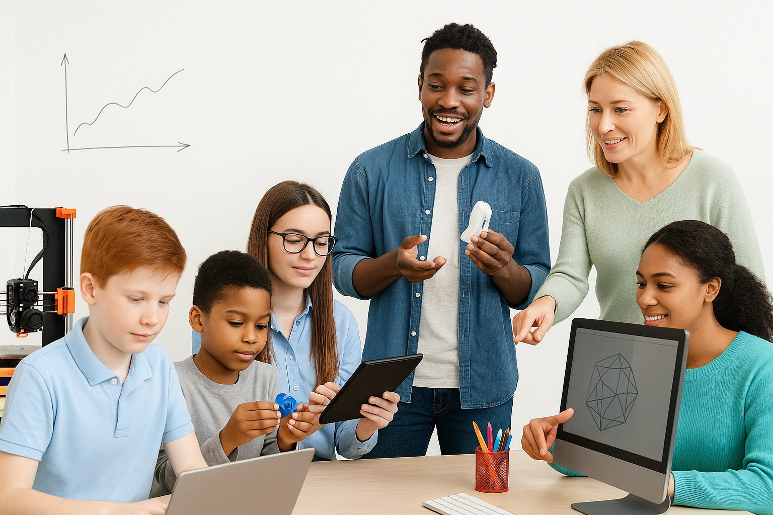 Students learning CAD and 3D printing in a bright classroom