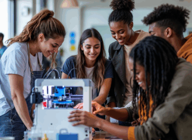 Young people working together around a 3D printer